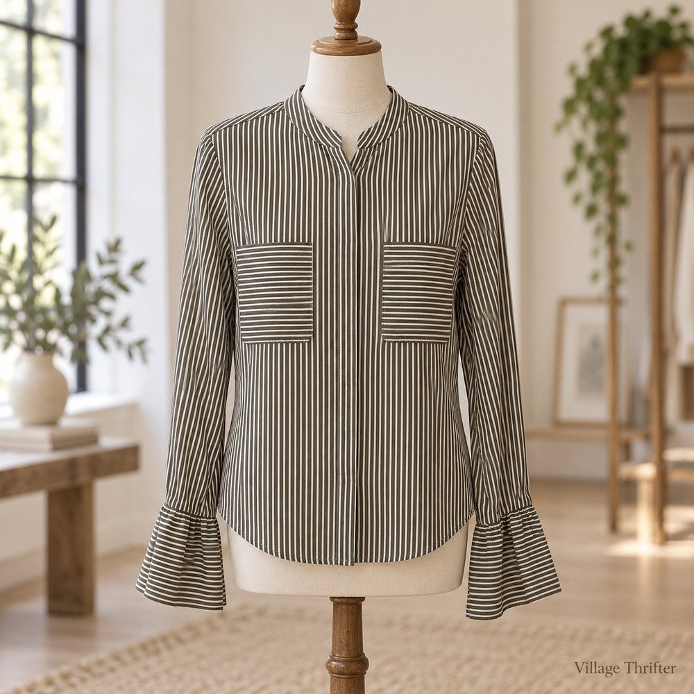 FRAME Button Front Shirt Womens M Sage Striped Bell Sleeve Office Careerwear